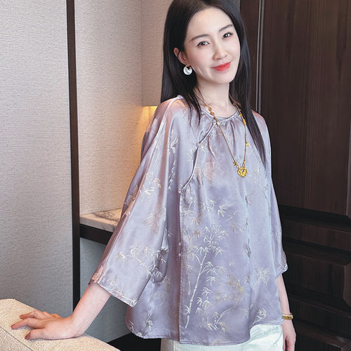 爵莱菲大码女装新中式国风复古圆领100%真丝桑蚕丝长袖宽松上衣女