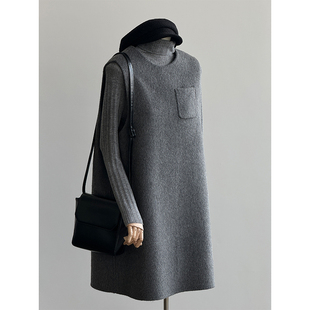 爵莱菲大码 通勤外套 胖mm新年战袍灰色羊毛连衣裙羊毛背心裙无袖