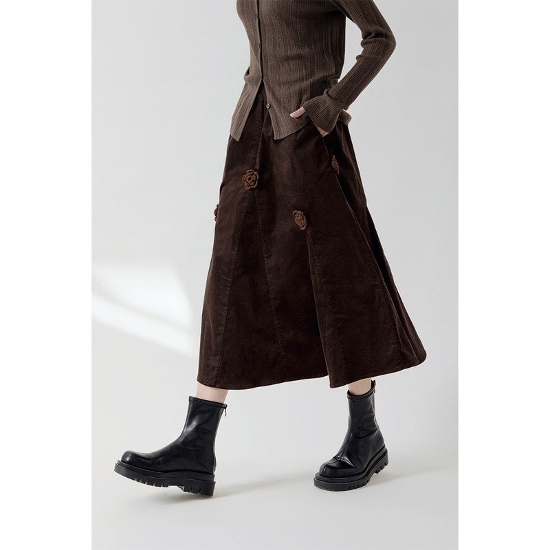 爵莱菲大码胖mm显瘦美拉德手工立体花灯芯绒棕色甜酷a字半身裙