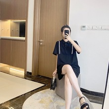 POLO领黑色大码女装显瘦遮肚2025年新款洋气时尚休闲韩版连衣裙夏
