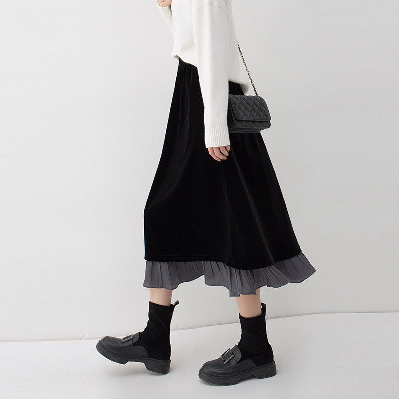 设计感小众松紧腰撞色2025新款洋气中长款丝绒百褶黑色半身裙春秋,女装/女士精品,大码半身裙,淘宝优惠券,粉丝福利购,淘宝优惠卷
