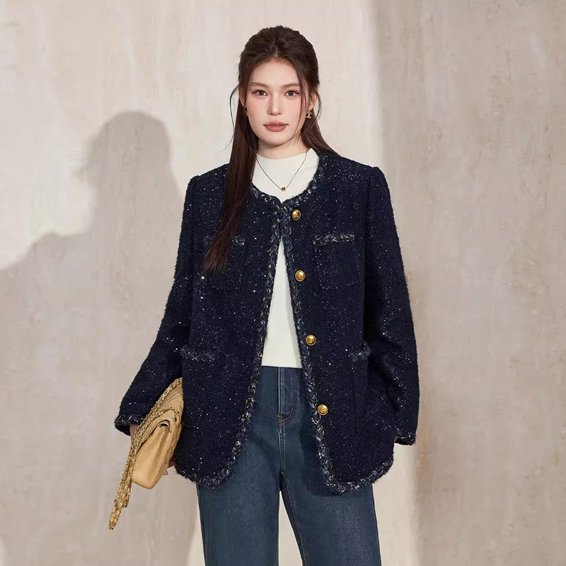 爵莱菲大码通勤气质羊毛混纺亮片小香风短外套女2025冬季羽绒服