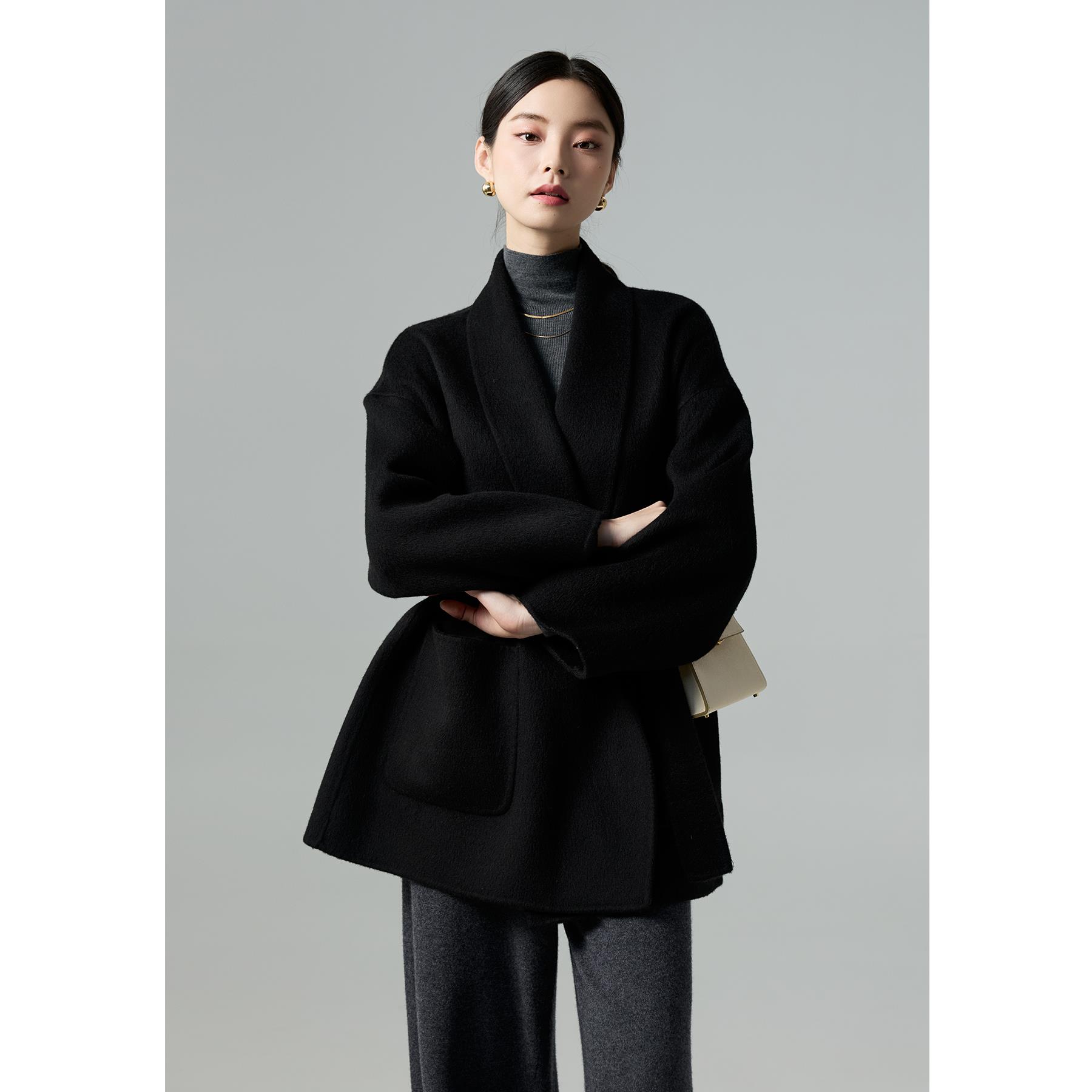 爵莱菲大码胖mm大衣女2025秋冬新款黑色超好看双面羊绒短款外套