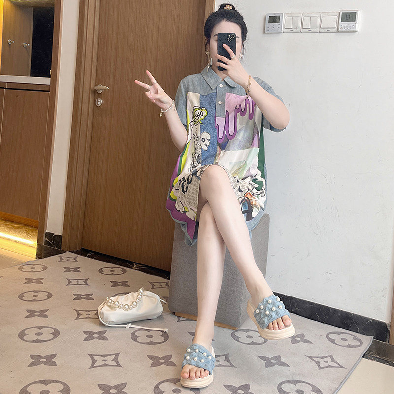 2025夏季新款韩版宽松Polo领牛仔印花漫画时尚200斤显瘦大码胖mm