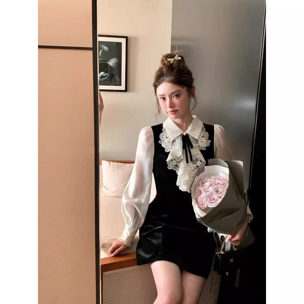 爵莱菲大码法式千金MIU系假两件蕾丝黑色丝绒连衣裙女生日礼裙