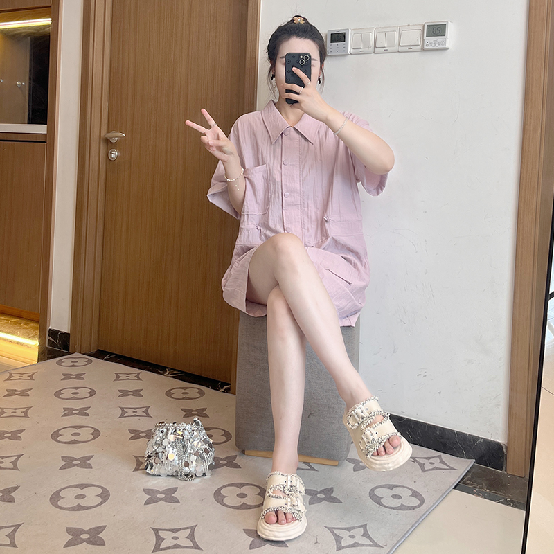 复古盐系短袖衬衫短裤两件套