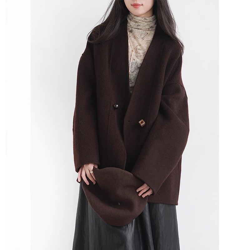 爵莱菲大码简约高级100%羊毛手工双面呢外套女2025秋冬短款大衣