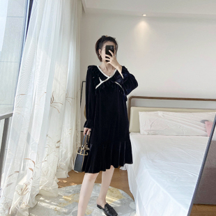 秋季 女装 胖mm遮肚微胖潮 显瘦荷叶边丝绒连衣裙2021年新款 宽松大码
