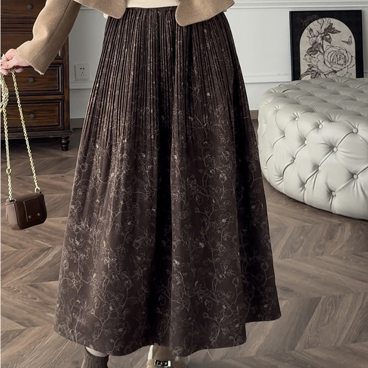 爵莱菲大码胖mm渐变压褶a字棕咖色中长款半身裙2025冬季新款