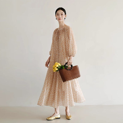 柔软泡泡雪纺超大摆灯笼袖高级浪漫宽松碎花连衣裙大码女装