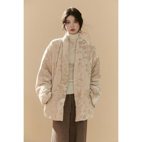 爵莱菲大码女装2026秋冬新款丝绒烧花90白鸭绒新中式羽绒服女冬季