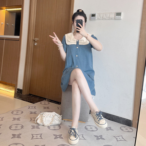 减龄荷叶边法式小个子娃娃领牛仔连衣裙女夏遮肚子显瘦大码胖mm