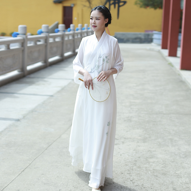 文艺复古汉服仙女棉麻连衣裙长裙禅意茶服古筝演出服女成人中国风