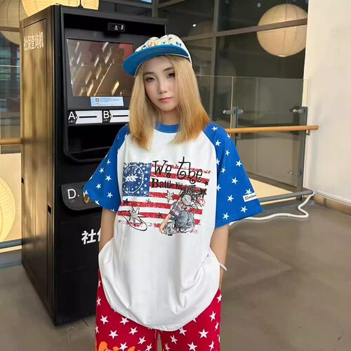 ZZHKA 美式复古星星撞色插肩袖印花短袖T恤男女宽松休闲上衣夏季