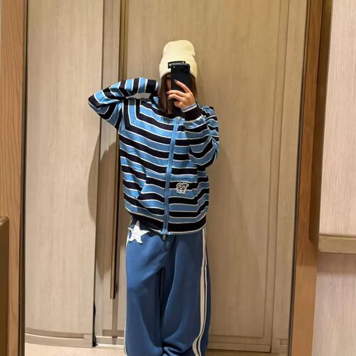 条纹连帽拉链针织开衫宽松显瘦