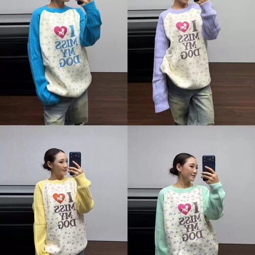 美式复古拼色印花宽松毛衣女秋冬