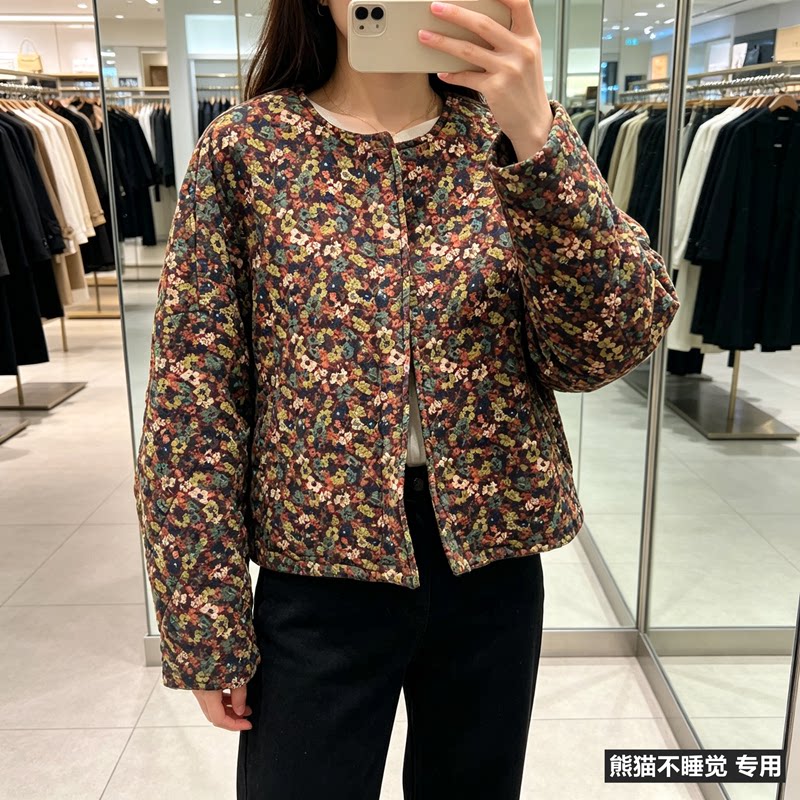 碎花棉服女短款圆领系带国风外套棉衣女