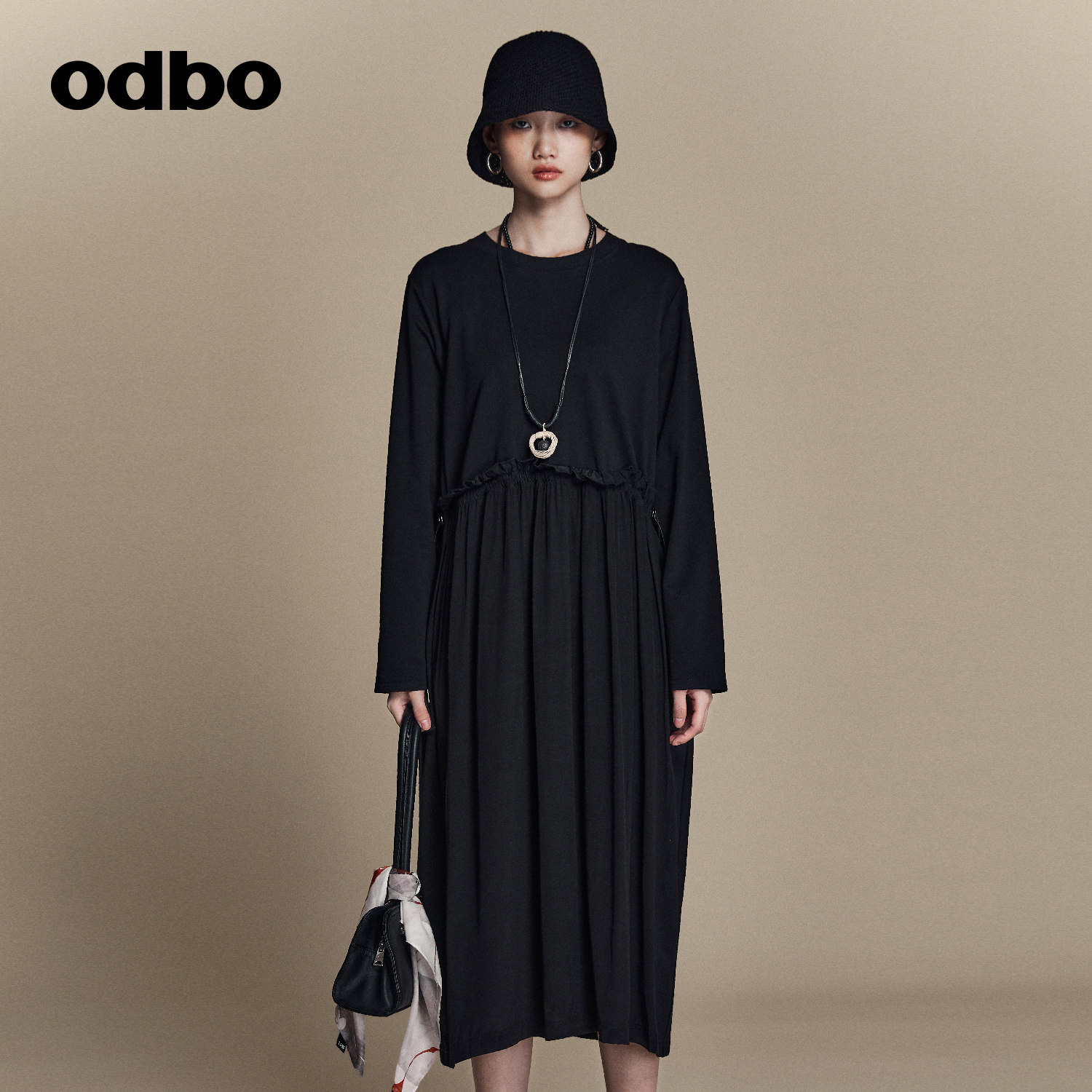 odbo小众拼接假两件长袖连衣裙女春夏薄款显瘦中长裙设计感直筒裙