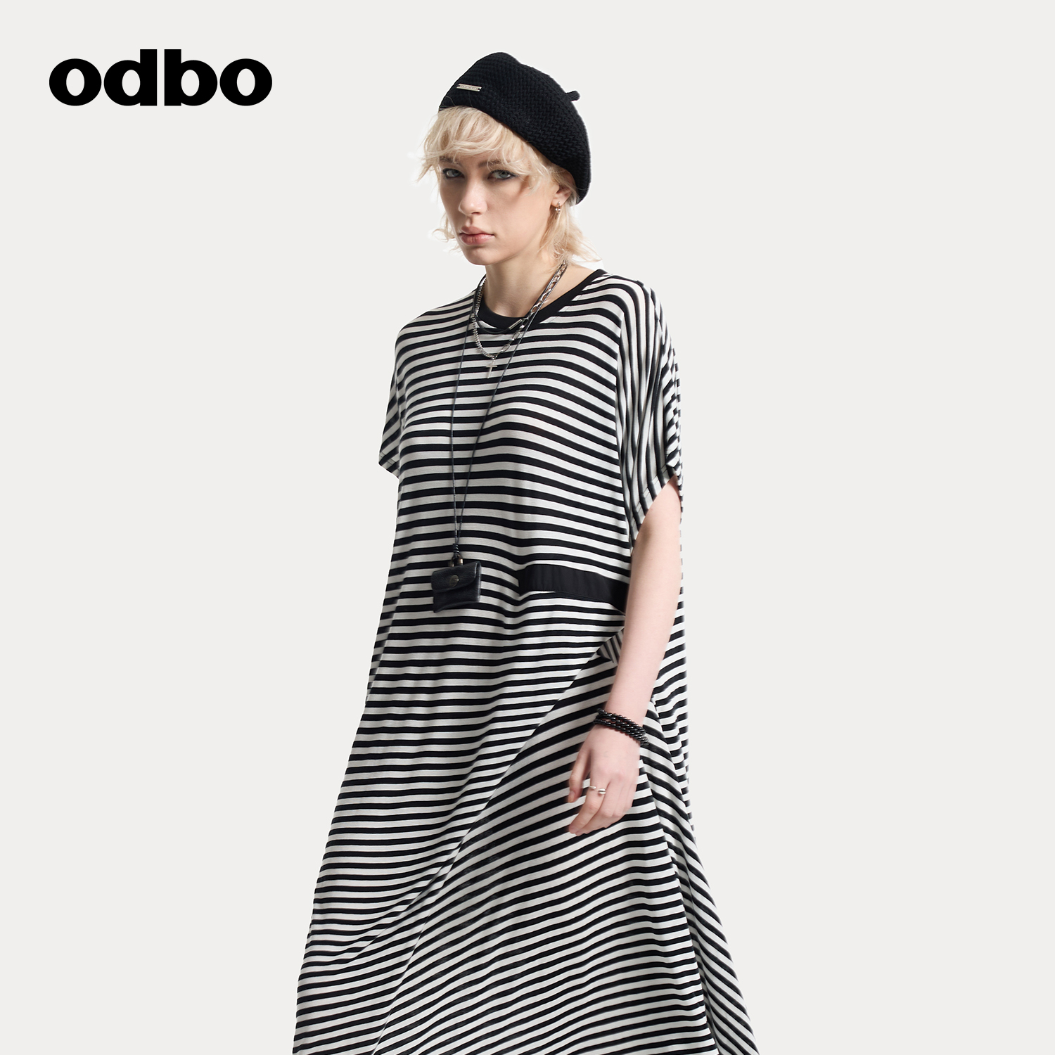 odbo/欧迪比欧条纹短袖连衣裙女春秋新款宽松显瘦中长款休闲T恤裙
