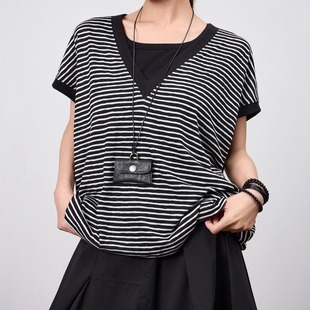 宽松显瘦坎肩圆领上衣时尚 odbo 新款 t恤女夏季 欧迪比欧条纹短袖