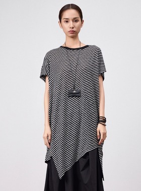 odbo/欧迪比欧条纹短袖t恤女夏季新款宽松显瘦中长款圆领上衣时尚