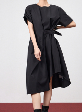 odbo/欧迪比欧时尚简约连衣裙女夏季新款收腰显瘦中长款圆领上衣