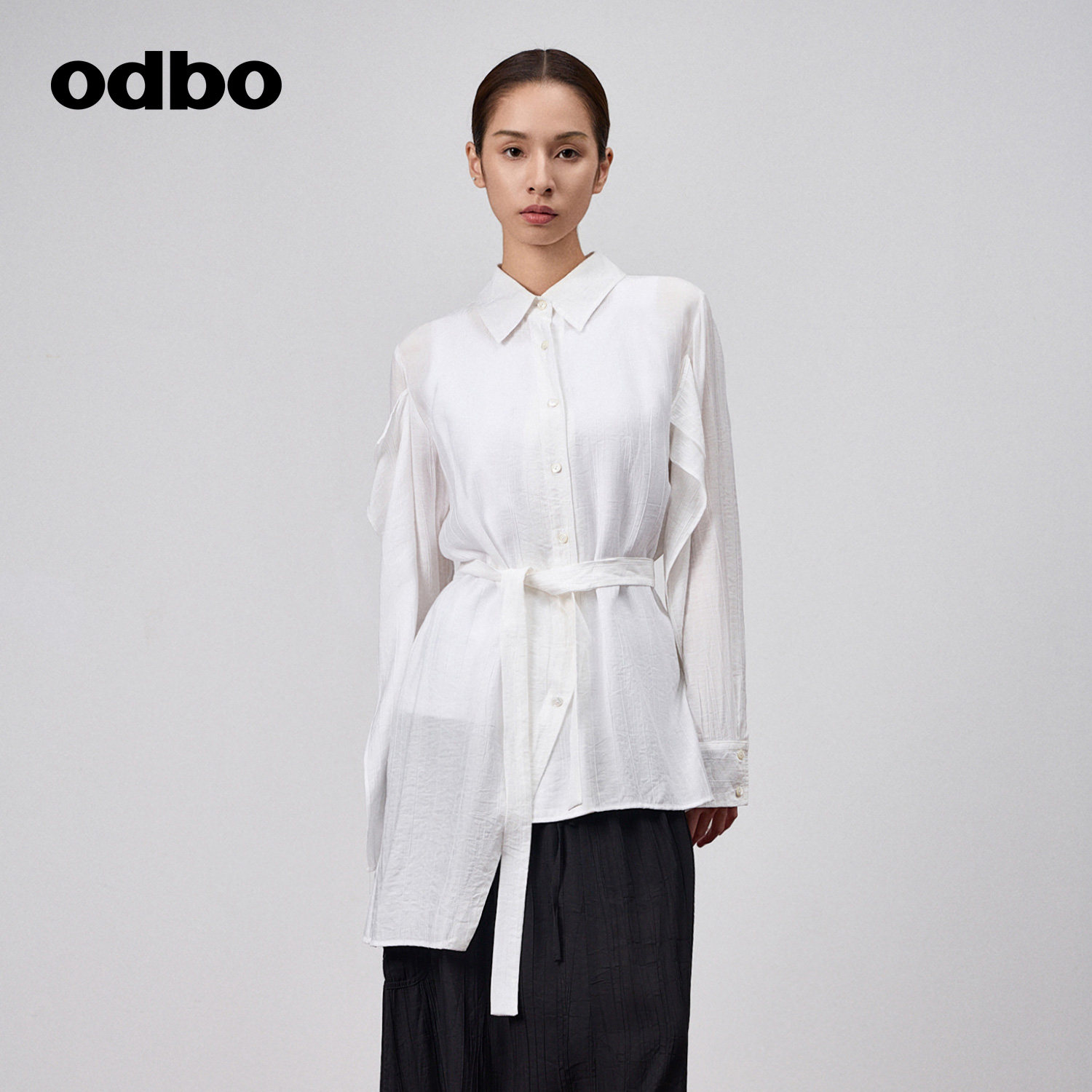 odbo/欧迪比欧不对称感收腰衬衫女夏季薄款防晒外套原创长袖t恤衫