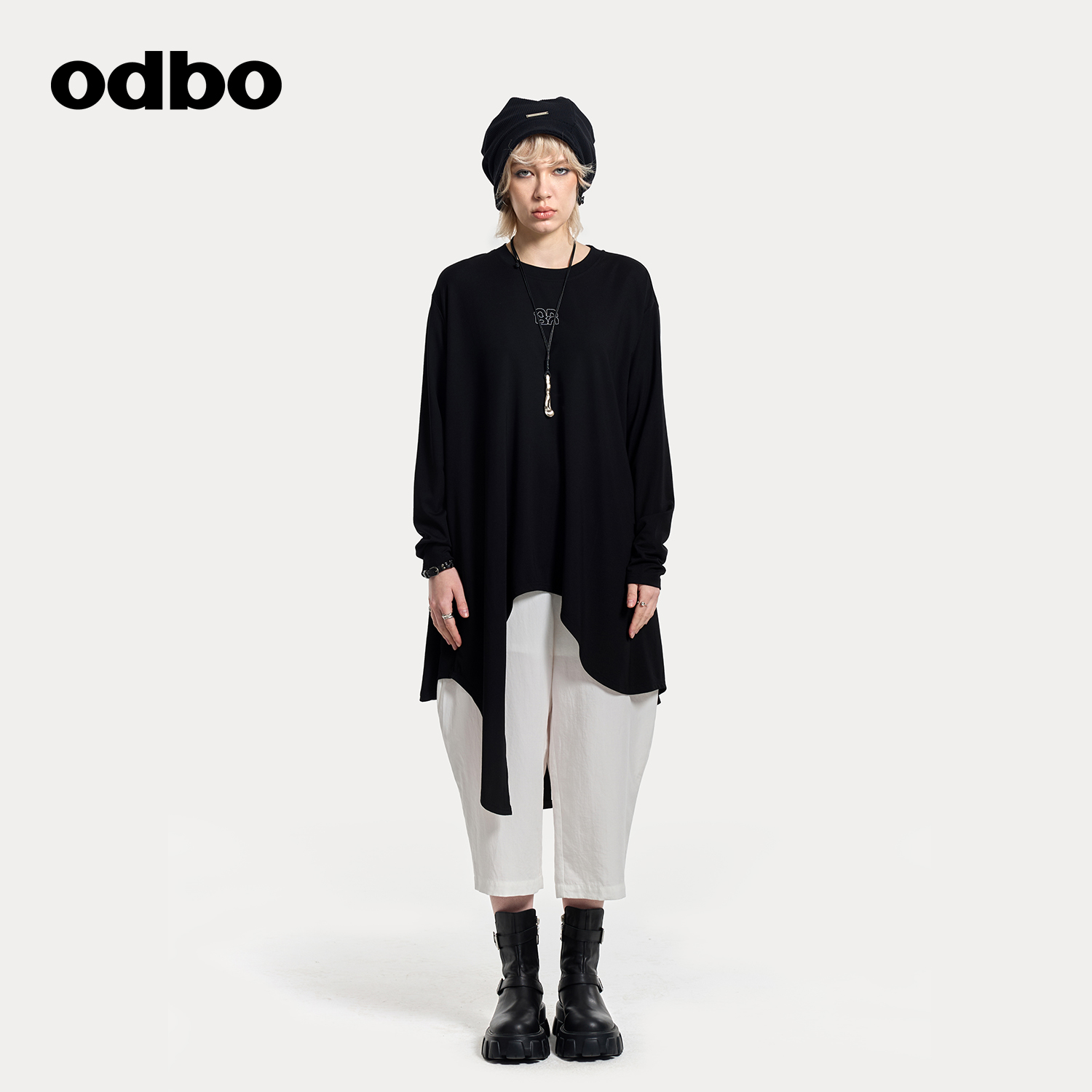 odbo/欧迪比欧中长款不规则长袖t恤女春秋新款宽松慵懒风卫衣上衣