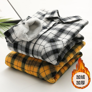 秋冬新款韩范宽松百搭加绒加厚格子衬衫女长袖一体绒保暖衬衣外套