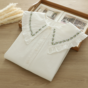 小清新日系文艺领子刺绣纯棉衬衫女长袖学生宽松花边领学院风衬衣