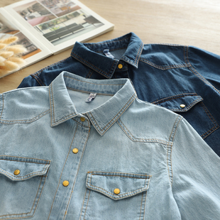 新款 修身 韩版 女长袖 显瘦双口袋衬衣外套 复古蓝色水洗牛仔衬衫 秋季