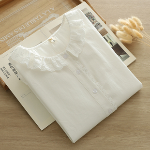 减龄宽松淑女衬衣 法式 日系小清新甜美蕾丝花边领纯棉白衬衫 女长袖