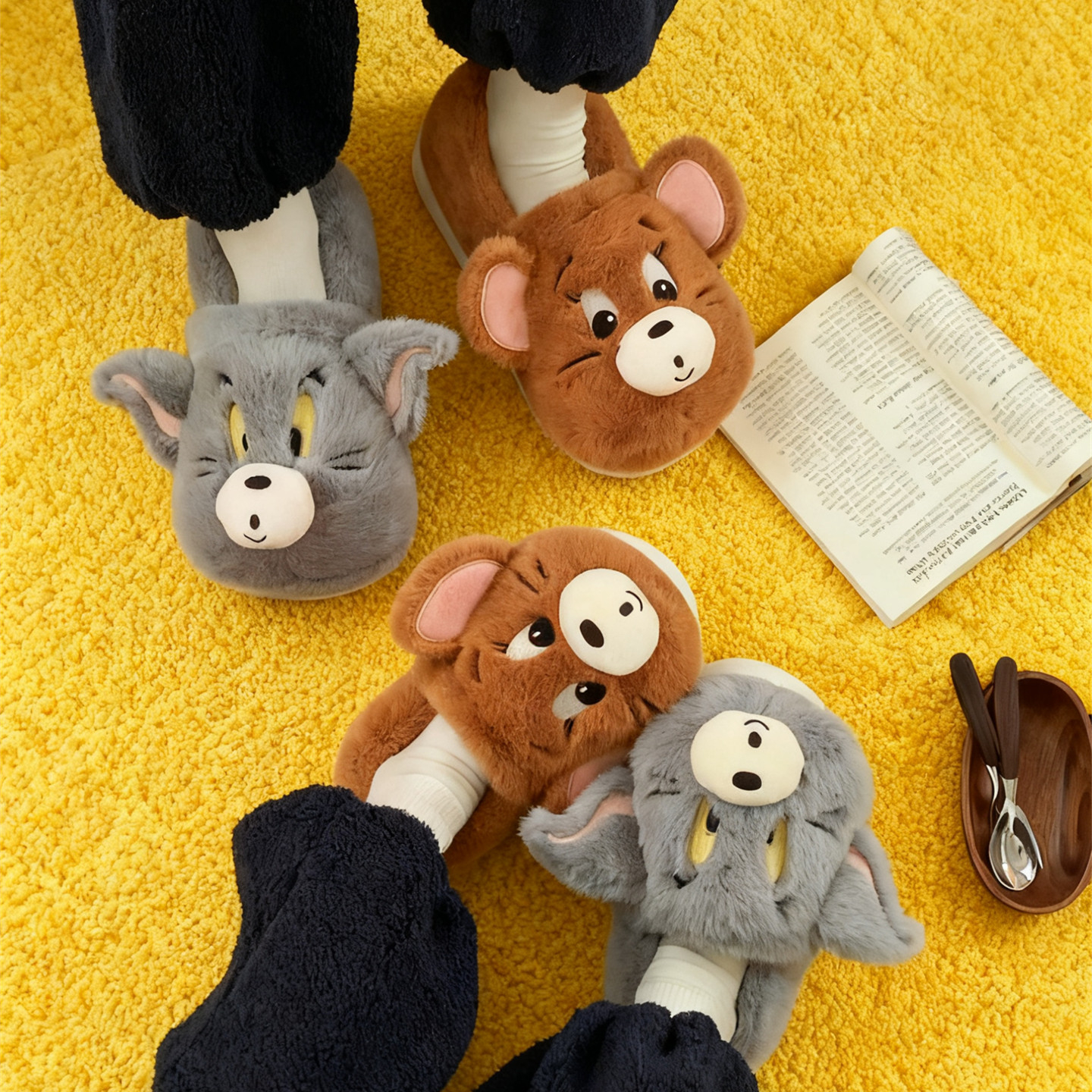 男女亲子居家汤姆杰利鼠棉拖鞋防滑时尚正版猫和老鼠冬包跟毛毛鞋