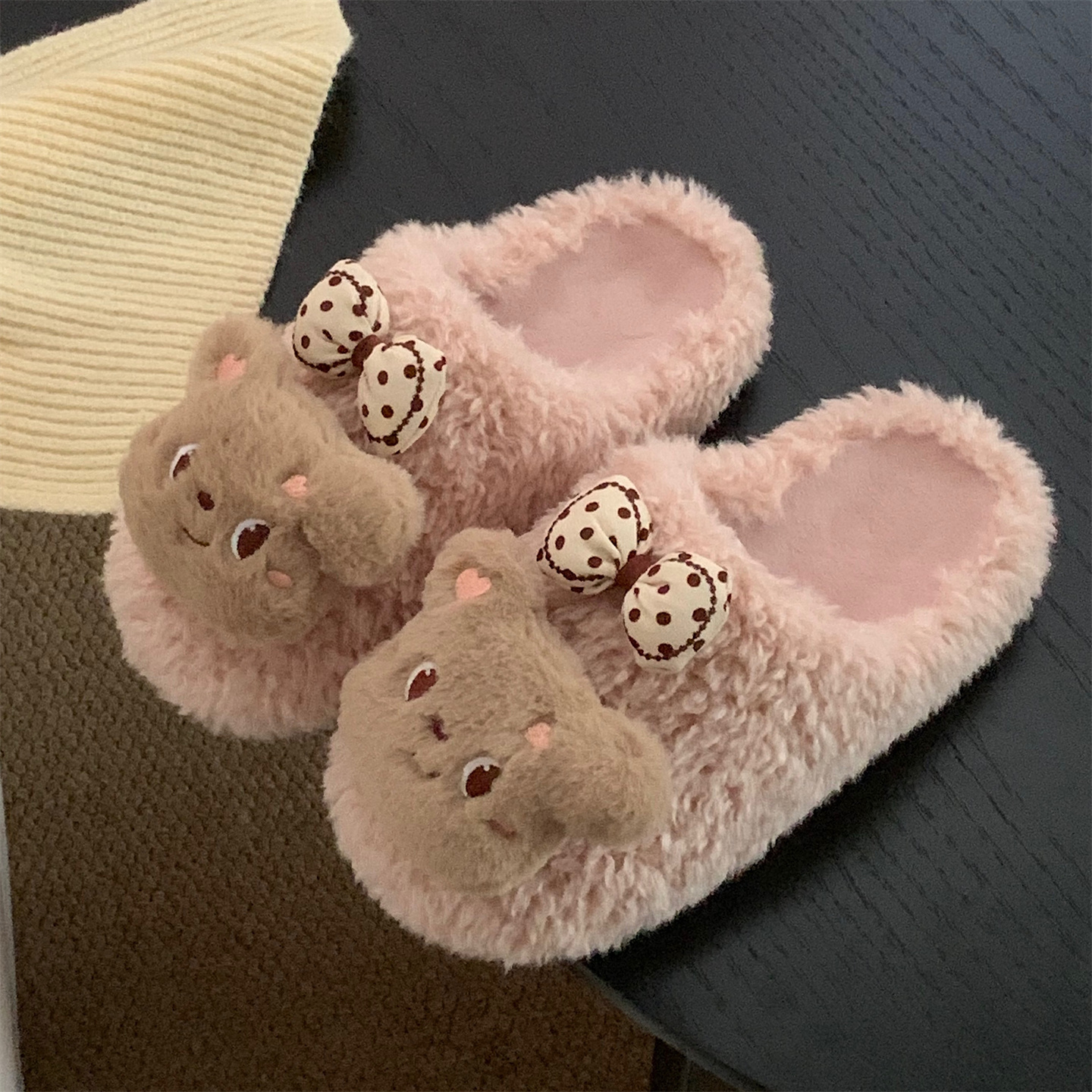 细细条软萌蝴蝶结小熊棉拖鞋