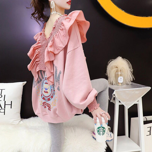 荷叶边卫衣ins潮很仙v领秋冬装