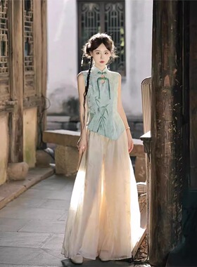 温柔复古制服套装女夏季新中式国风盘扣改良旗袍高腰阔腿裤两件套