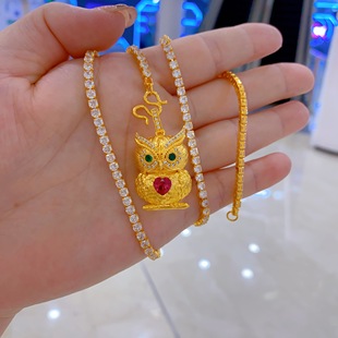 新款 百搭 金包银首饰金钱币珐琅烧蓝猫头鹰吊坠项链锁骨链时尚