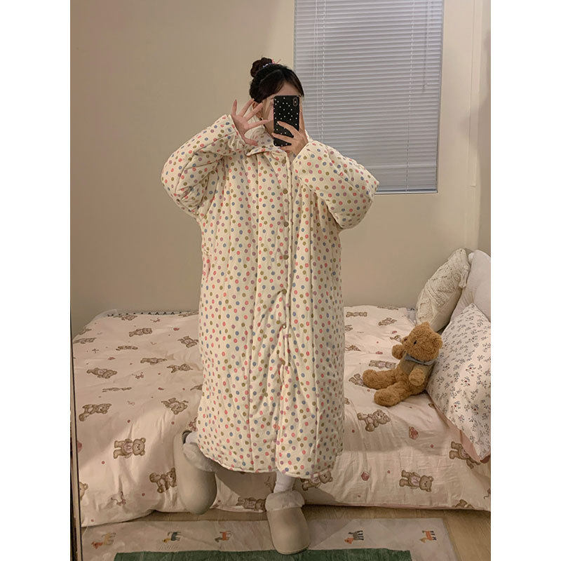 甜美可爱波点空气棉睡衣女冬季加厚可外穿长款大码保暖家居服睡袍