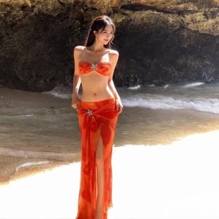 橙子泳衣度假风性感比基尼女分体三件套橙色沙滩长裙海边泳衣