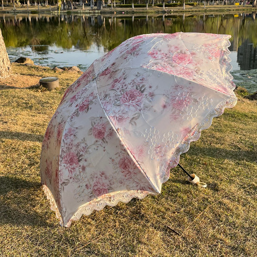 双层伞蕾丝折叠伞防紫外线黑胶