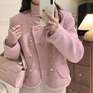 欧货小香风毛呢短外套女203秋冬新款 气质双排扣上衣加棉显瘦棉衣