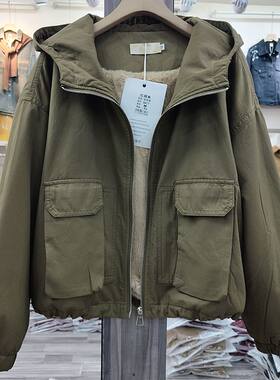 新品加绒加厚派克服女短款2025秋冬季韩版宽松连帽工装棉服外套潮