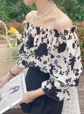 欧货短袖宽松上衣女露肩夏季高级感法式小清新一字肩碎花雪纺衬衫