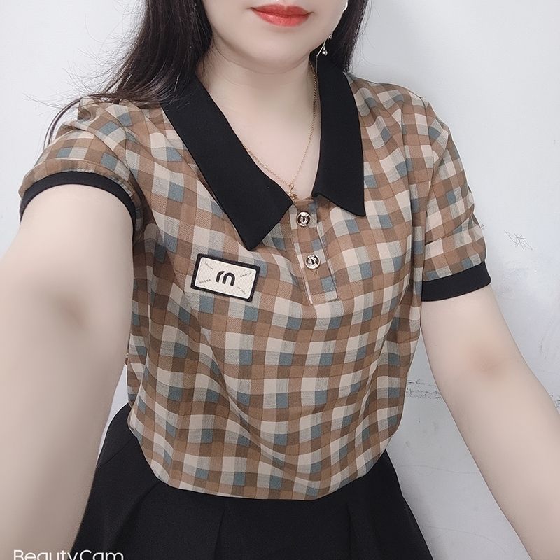 时尚洋气黄色圆领短袖雪纺衫女夏蕾丝衫/雪纺衫
