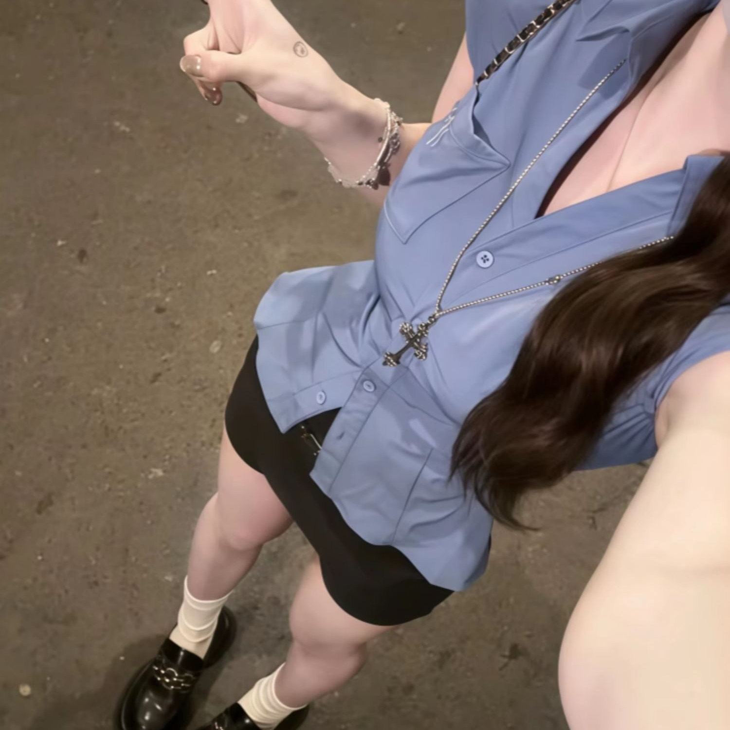 美式POLO领蓝色正肩百搭短袖衬衫女修身收腰短款新款衬衣夏季上衣图片