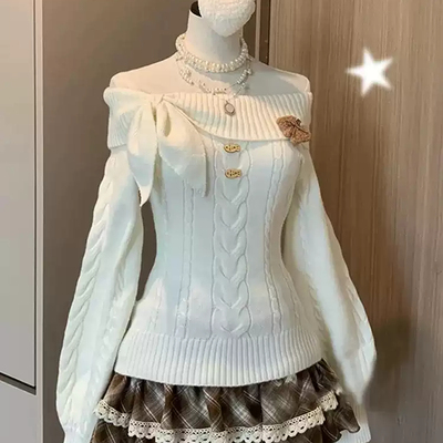 原创学院风百搭收腰兔耳针织衫毛衣女秋季修身显瘦一字领套头上衣