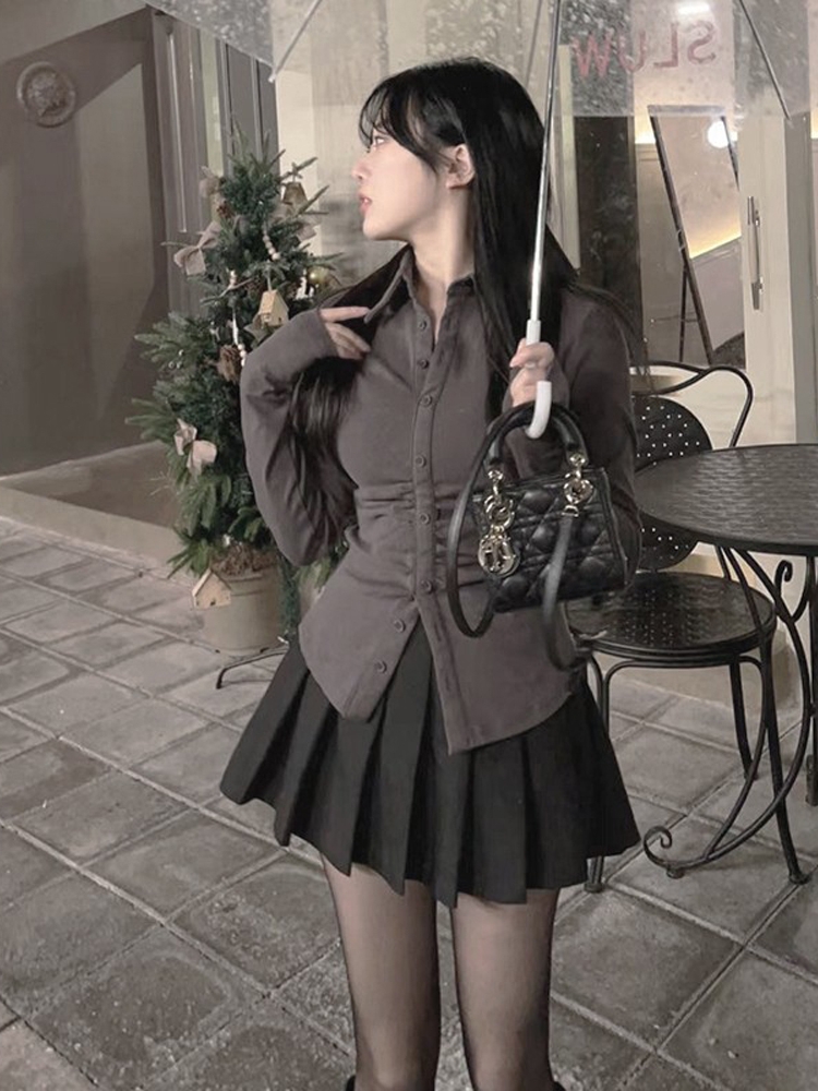 纯欲风收腰jk衬衫长袖纯棉褶皱