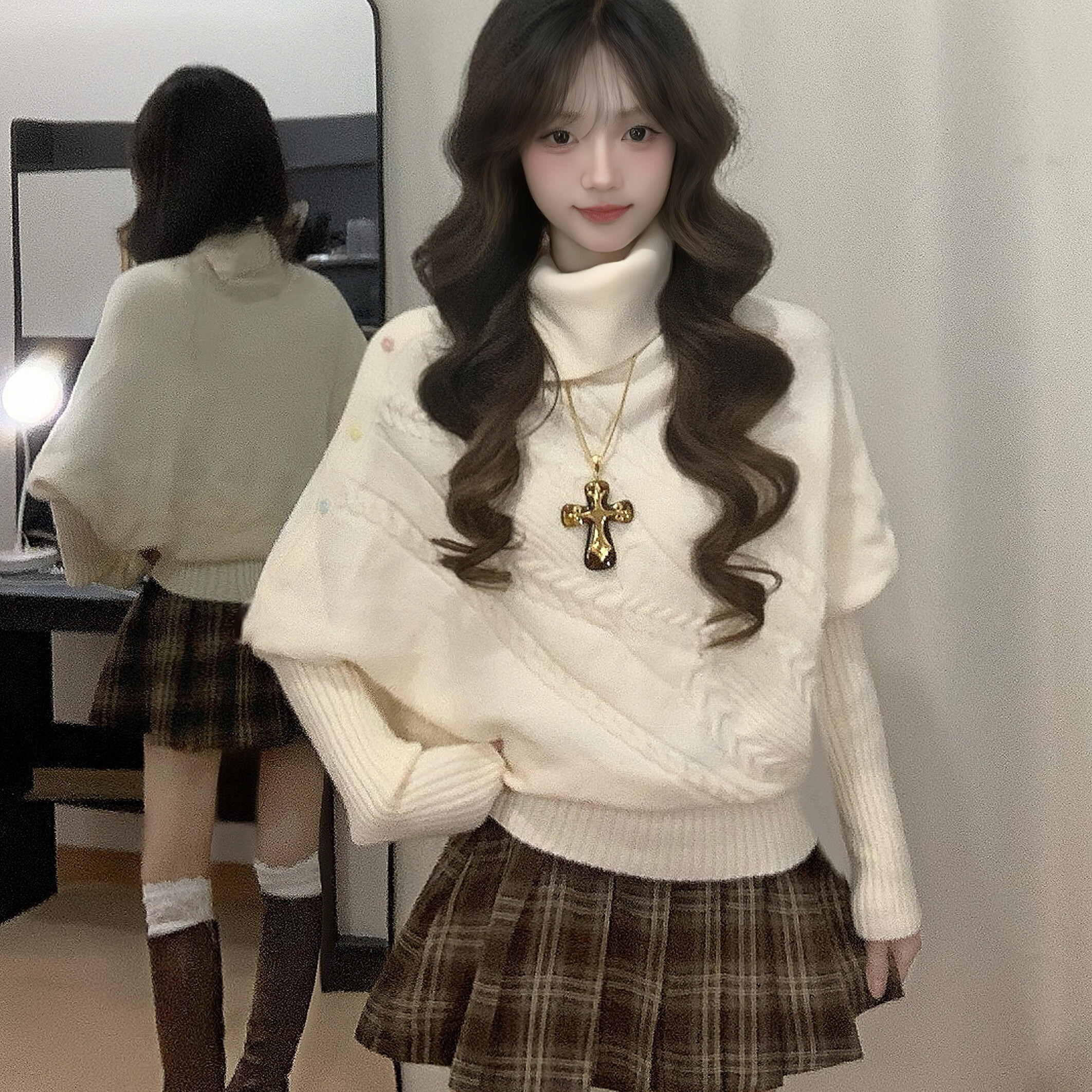 韩系慵懒风高领斗篷毛衣