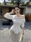 露肩小上衣夏季 纯欲风白色长袖 显瘦气质衬衣不规则短款 女修身 衬衫