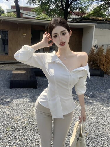 纯欲风白色长袖衬衫女修身显瘦气质衬衣不规则短款露肩小上衣夏季